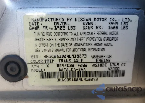 2004 Nissan Sentra 1.8 z USA, uszkodzony, nr VIN 3N1CB51D84L918273